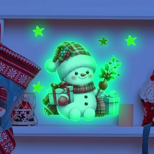 Luminous Christmas snowman decal with glowing stars for festive holiday wall decoration