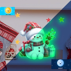 Luminous Christmas snowman sticker showing glowing effect in the dark versus daytime view