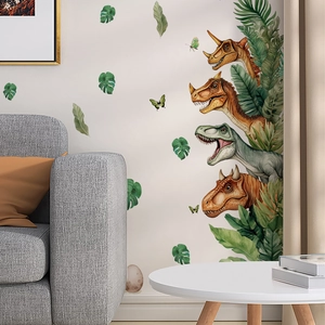 Cartoon Dinosaurier Kopf Tropische Blätter Schmetterling Wandtattoo PVC Selbstklebend Wandbild Für Kinderzimmer Deko