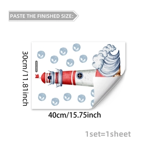 Lighthouse wall decal featuring watercolor waves and nautical elements with dimensions