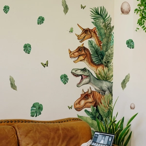Aquarell-Wandtattoos mit Dinosaurierköpfen und Tropenblättern für die Kinderzimmerdeko