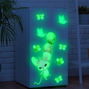 Glow-in-the-dark wall stickers featuring a cartoon mouse with balloons and butterflies