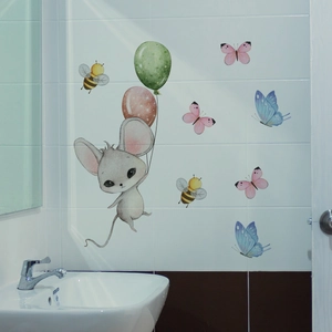 Glow in the dark cartoon mouse wall stickers with balloons and bees on white tiles