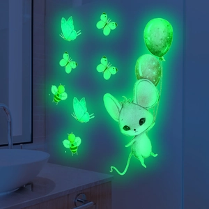 Glow-in-the-dark wall stickers with cartoon mouse, butterflies and bees in neon green