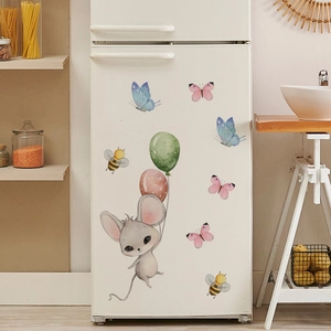 Luminous wall stickers featuring mouse with balloons and butterflies on a white fridge