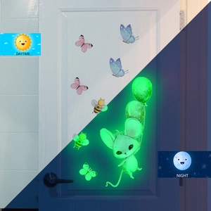 Luminous wall stickers set showing daytime vs night green fluorescence contrast effect