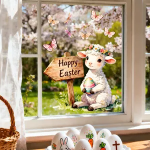 Λεπτομέρεια αυτοκόλλητου Happy Easter με αρνάκι ακουαρέλας και όμορφες πεταλούδες