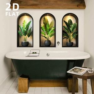 Detailed view of 2D flat 3D-effect tropical plant wall stickers in a bathroom setting