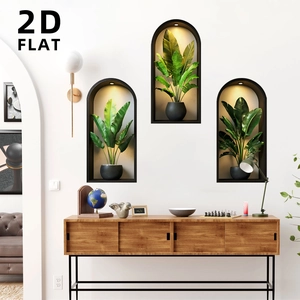 3D Visual Effect Potted Plant Wall Stickers Arched Niche Floral Vase PVC Self Adhesive Mural For Living Room Bedroom Decor
