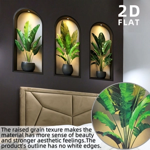Detail of 2D botanical wall decals with tropical plants and black arched frames