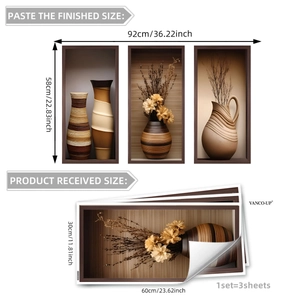 Detailed view showing set of 3 botanical wall decals with 3D floral vase designs