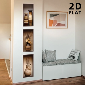 Detail of 3D effect wall stickers showing minimalist potted plant designs in 2D flat style
