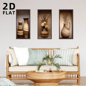 Set of 3 3D-effect plant wall decals in natural tones for living room decoration