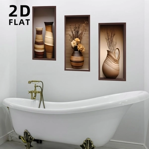 Detail of 3D effect flat wall stickers with ceramic vases and dried floral patterns