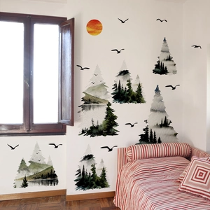 Self-adhesive forest and birds wall decal with watercolor mountain and sun mural
