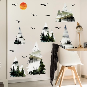 Nordic watercolor wall stickers featuring snowy mountains, forest pines and red sun