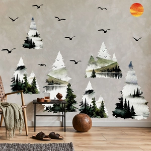 Nordic Ink Style Forest Pine Trees Bird Wall Sticker Modern Self-Adhesive PVC Decal For Living Room Bedroom Office Home Decor