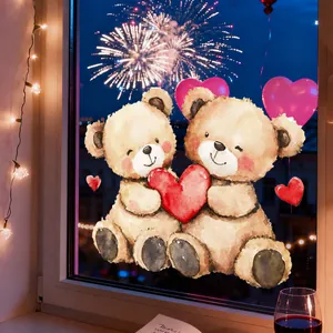 Romantischer Fensteraufkleber mit Teddybären und roten Herzballons für Glasdekoration