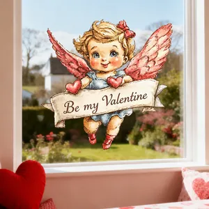 Detail eines Cartoon-Engel Fensteraufklebers mit „Be my Valentine“-Banner für Valentinstag