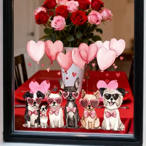 Details von Valentinstag-Fensteraufklebern mit Cartoon-Hunden und rosa Herzballons