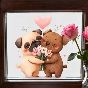 Detail von Cartoon-Mopsen mit Blumen-Fensteraufkleber auf einer Glasscheibe