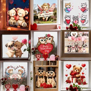 Valentinstag Fensterbilder Statisch Cartoon Teddybär Eule Cupido Herz PVC Glasaufkleber Für Feiertag Haus Laden Deko