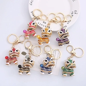 Chinese Style Lion Dance Keychain Rhinestone Enamel Awakening Lion Bag Charm For Women Men Traditional Zinc Alloy Key Ring