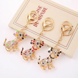 Luxury Alloy Rhinestone Dachshund Dog Keychain Gold Plated Enamel Spotted Puppy Hanging Charm Creative Women Jewelry Gift