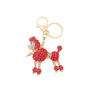 Porte-clés caniche rouge avec base dorée et strass brillants pour sacs et accessoires