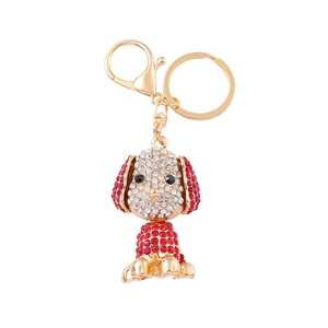 Creative dog keychain with red and white rhinestones and gold-tone lobster clasp
