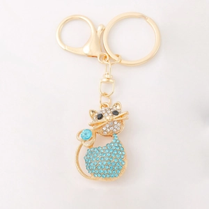 Creative rhinestone cat keychain with blue crystals and gold lobster clasp for bags