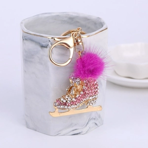 Porte-clés Patin à Glace en Alliage de Zinc Avec Strass Brillants et Pompon en Fausse Fourrure Bijou de Sac Femme