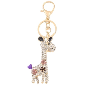 Porte-clés girafe de luxe en métal doré avec strass brillants et motifs floraux élégants