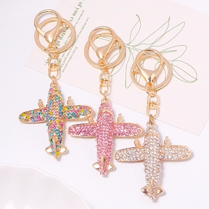 Creative Metal Airplane Model Keychain With Rhinestones Fashion Gold Plated Zinc Alloy Car Bag Pendant Key Ring For Gift
