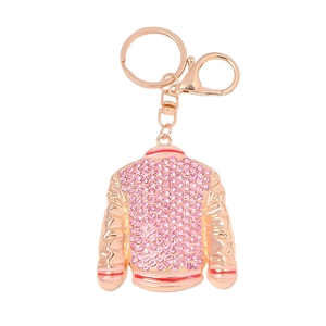 Rose gold jacket keychain pendant with sparkling pink rhinestones and lobster clasp