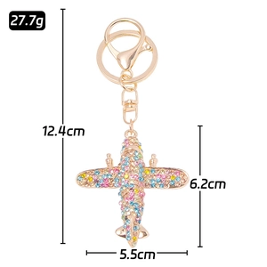 Colorful rhinestone airplane keychain with gold-tone alloy base and lobster clasp
