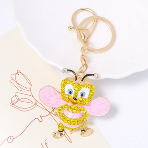 Porte-clés abeille étincelant en alliage doré avec émail rose et cristaux brillants