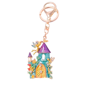 Porte-clés château scintillant avec émail coloré, strass et fermoir mousqueton or rose