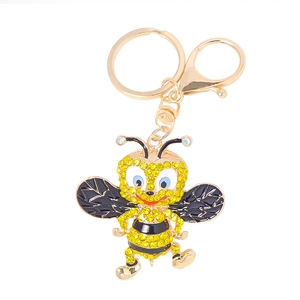 Porte-clés abeille étincelant avec strass jaunes et fermoir mousqueton doré en métal