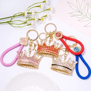 Luxury Zinc Alloy Crown Keychain With Sparkling Rhinestones And Woven Leather Rope Elegant Handbag Charm Pendant For Women