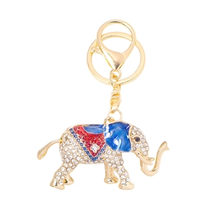 Golden elephant keychain with sparkling rhinestones and colorful enamel patterns