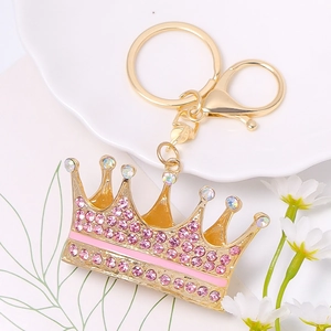 Pink rhinestone crown keychain with gold leather cord and lobster clasp for graduation gift
