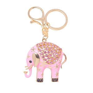 Pink enamel elephant keychain with sparkling rhinestones and golden star details