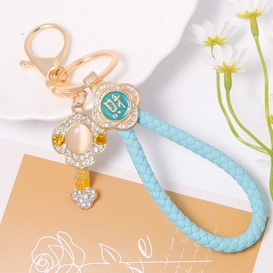 Chinese Vintage Lucky Ruyi Keychain Gold Plated Alloy Rhinestone Cat Eye Stone Braided Leather Cord Bag Charm Key Ring Gift