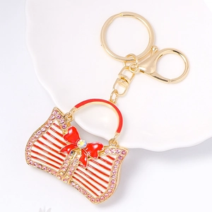 Luxury Handbag Shaped Keychain Gold Plated Zinc Alloy Rhinestone Bow Striped Pendant Fashion Bag Ornament Women Gift Accessory