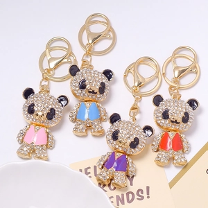 Creative Rhinestone Panda Keychain Cute Vest Panda Zinc Alloy Gold Plated Key Ring Bag Pendant Decoration For Women Girls