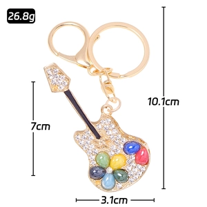 Colorful rhinestone guitar keychain in gold alloy with crystal stones for backpacks