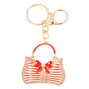 Red striped handbag keychain with pink rhinestones and a bow on a gold alloy ring