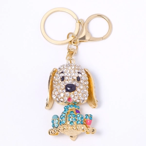 Portachiavi di lusso a forma di cane con strass blu e bianchi brillanti