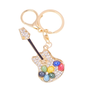 Guitar keychain with opal stones, gold finish alloy, crystals and lobster clasp hook